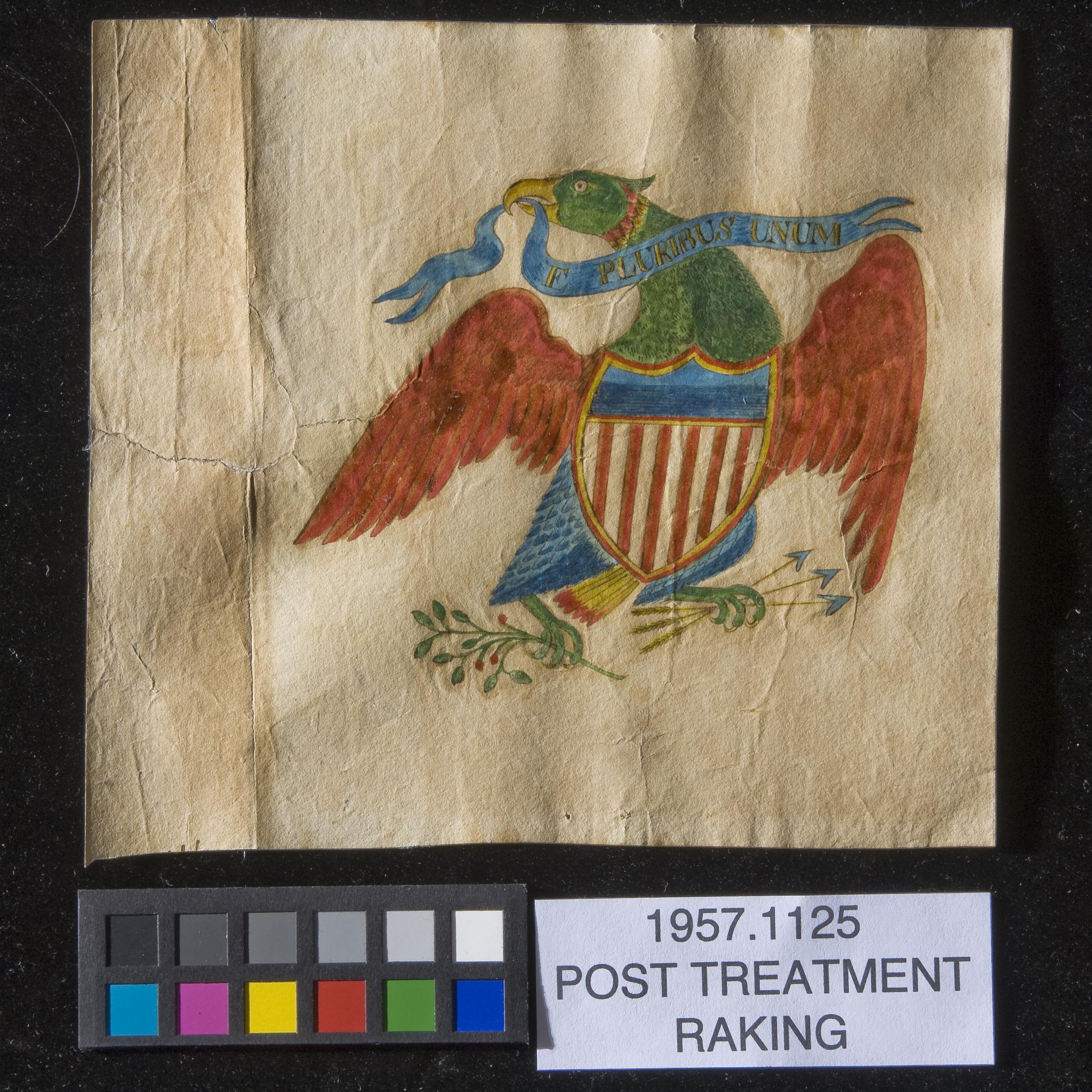 1957.1125 Drawing, view 3, raking light, after conservation treatment