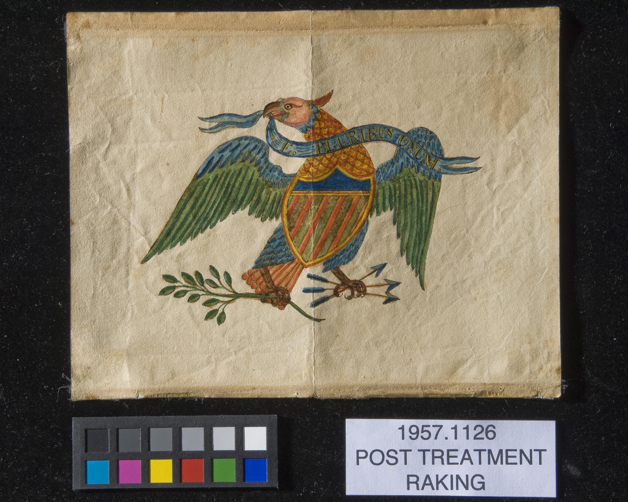 1957.1126 Drawing, view 3, raking light, after conservation treatment
