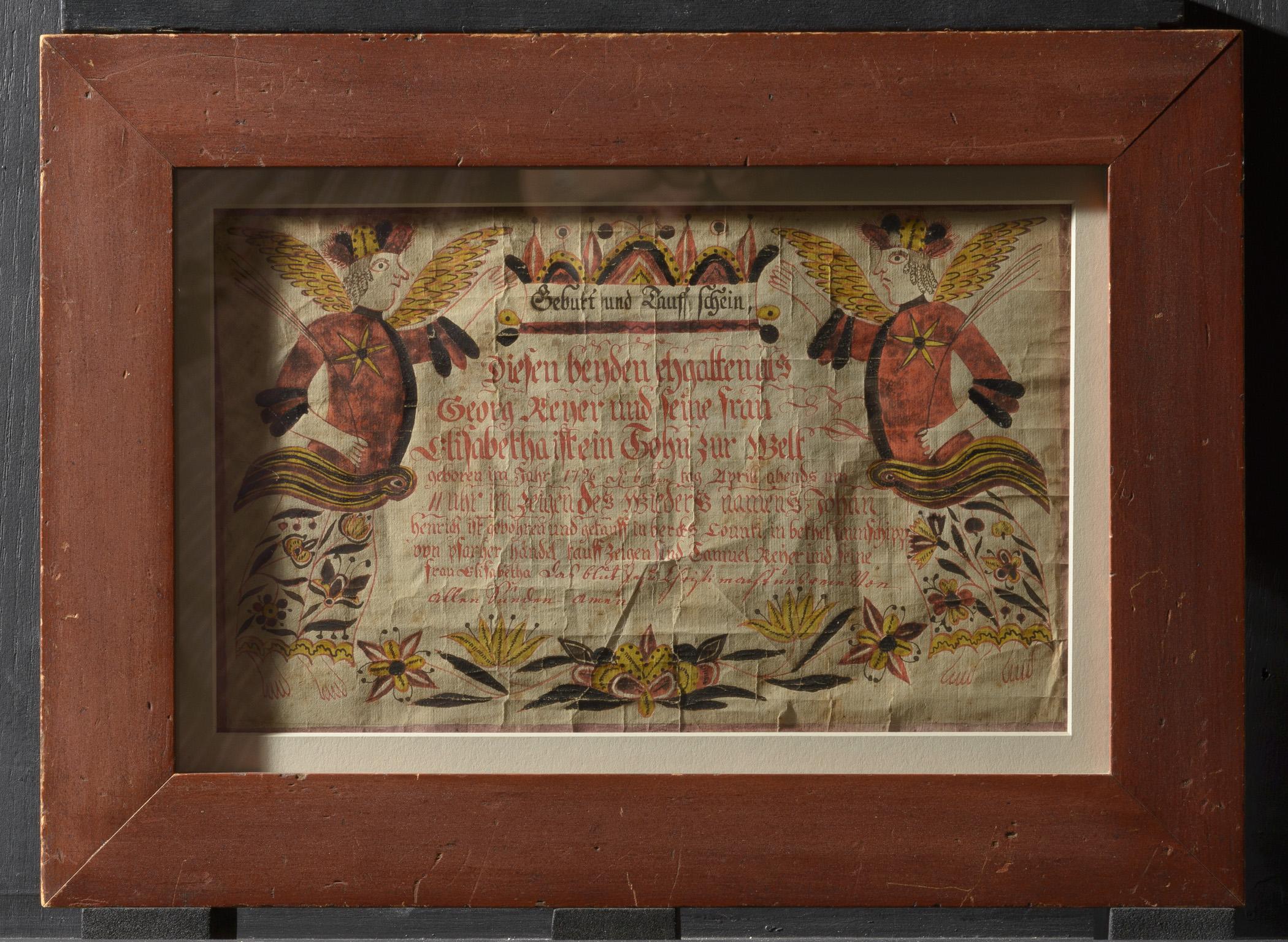 1961.1121 Fraktur and 1957.1178 Frame, view 2, raking light