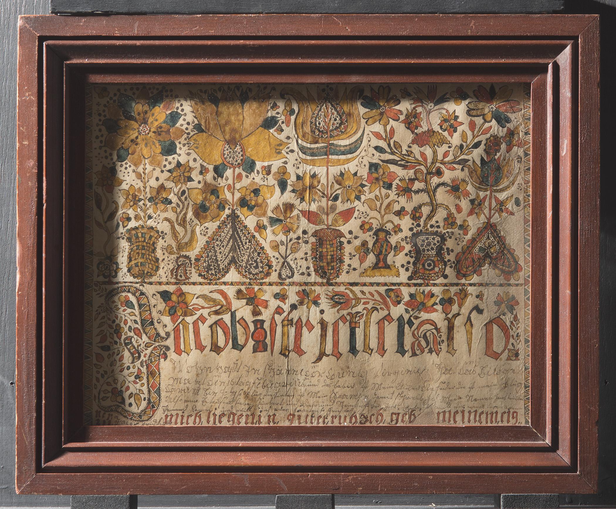 1957.1208 A Fraktur, B Frame, view 2, raking light