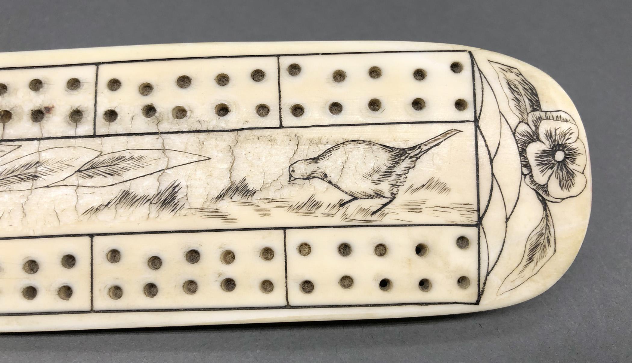 1978.0165 Cribbage board, Scrimshaw game board, view4 Obverse detail