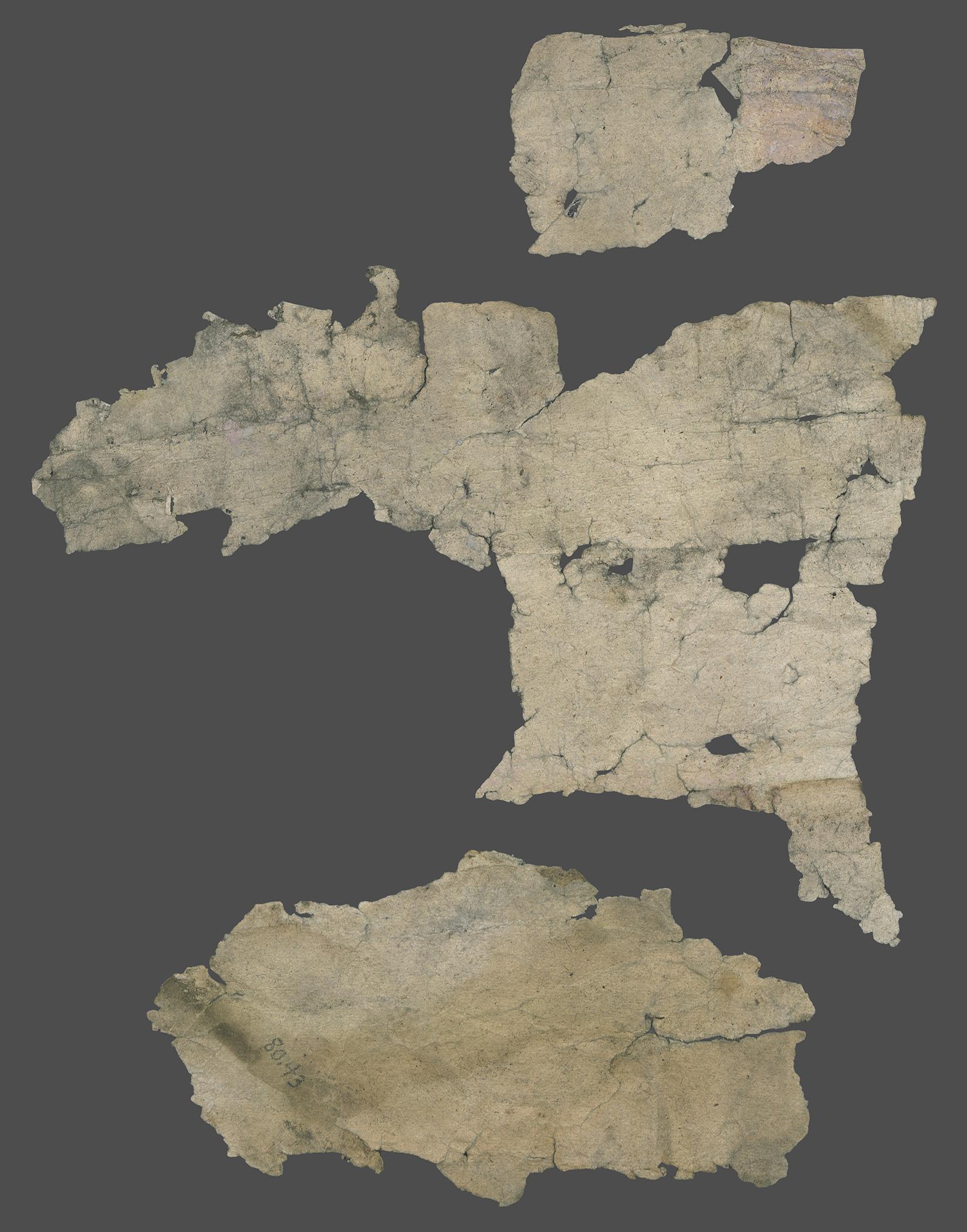 1980.0043 Wall covering, Fragment 6, set of 3 pieces, reverse