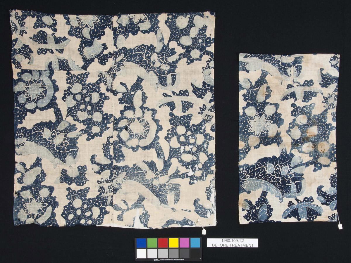 1980.0109.001 Textile, printed, .002 Textile, printed, before conservation treatment