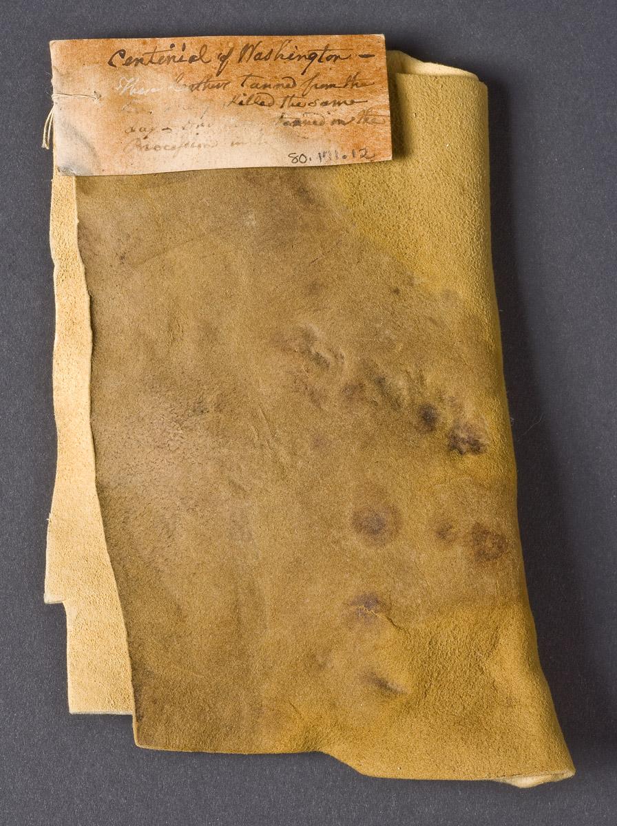 1980.0171.012.001, .002 Piece of leather and paper label