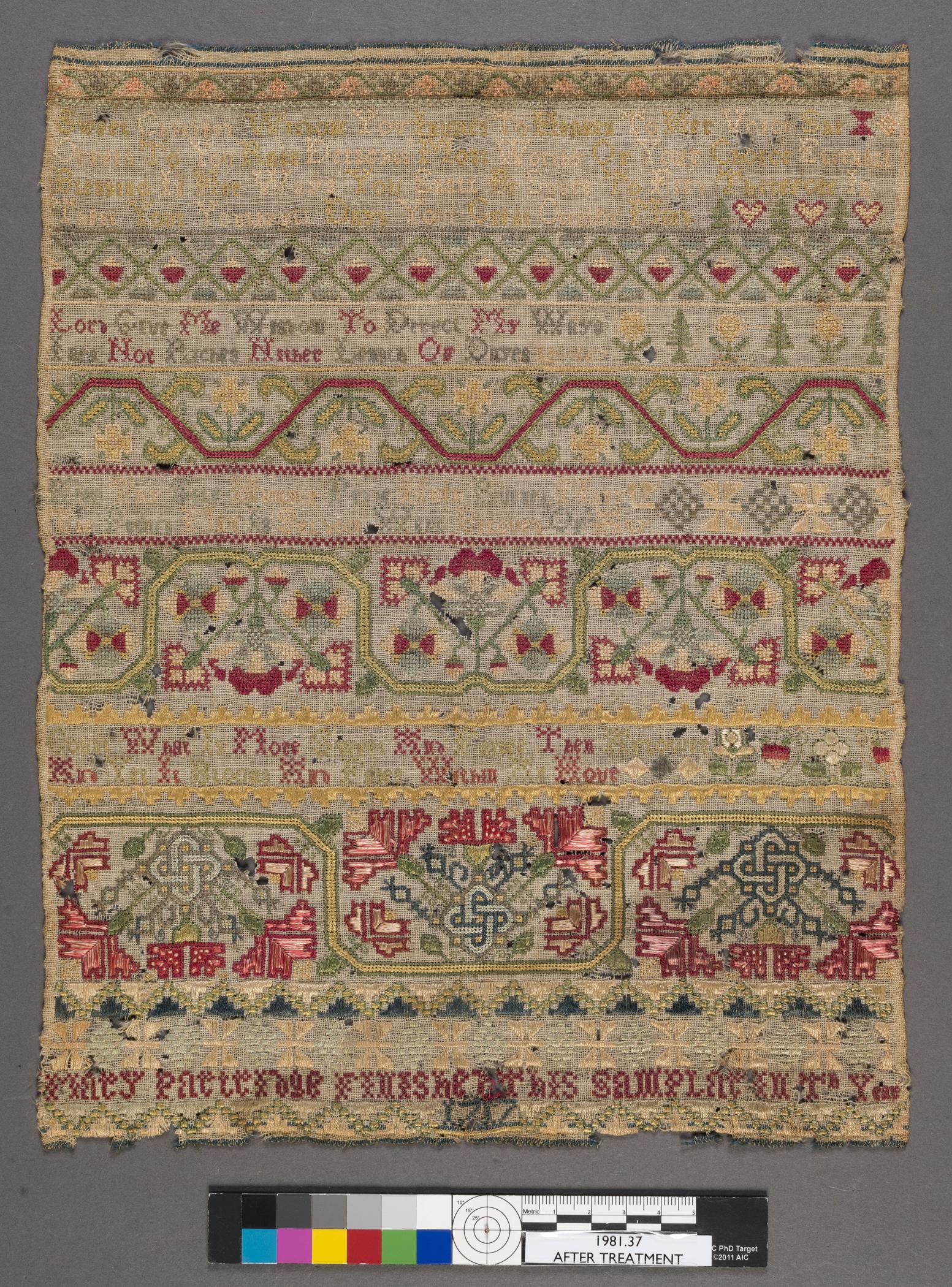 1981.0037 Sampler, view 1, after conservation treatment