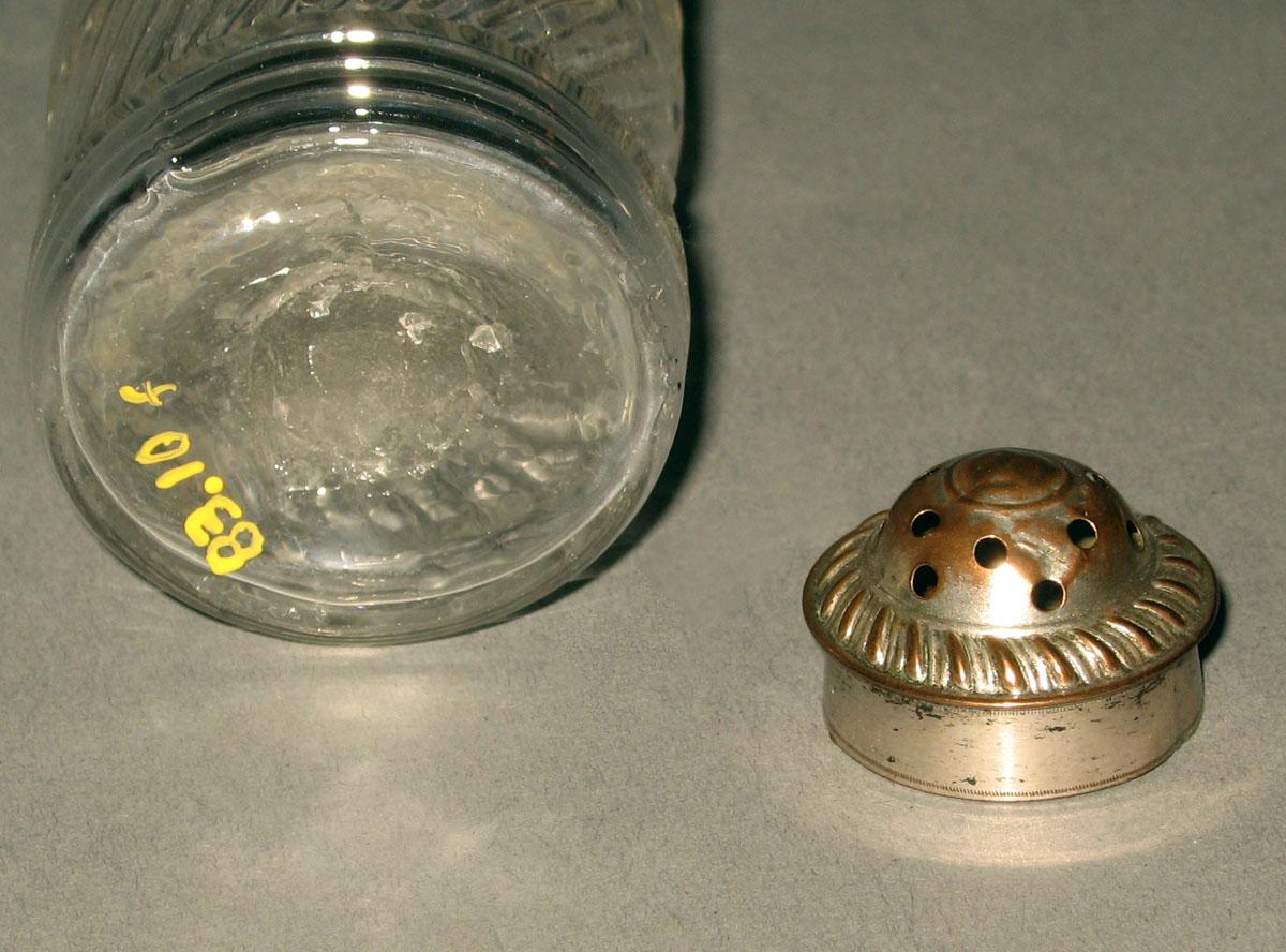 1983.0010 F, L Glass cruet bottle and silver-plater top (detail)