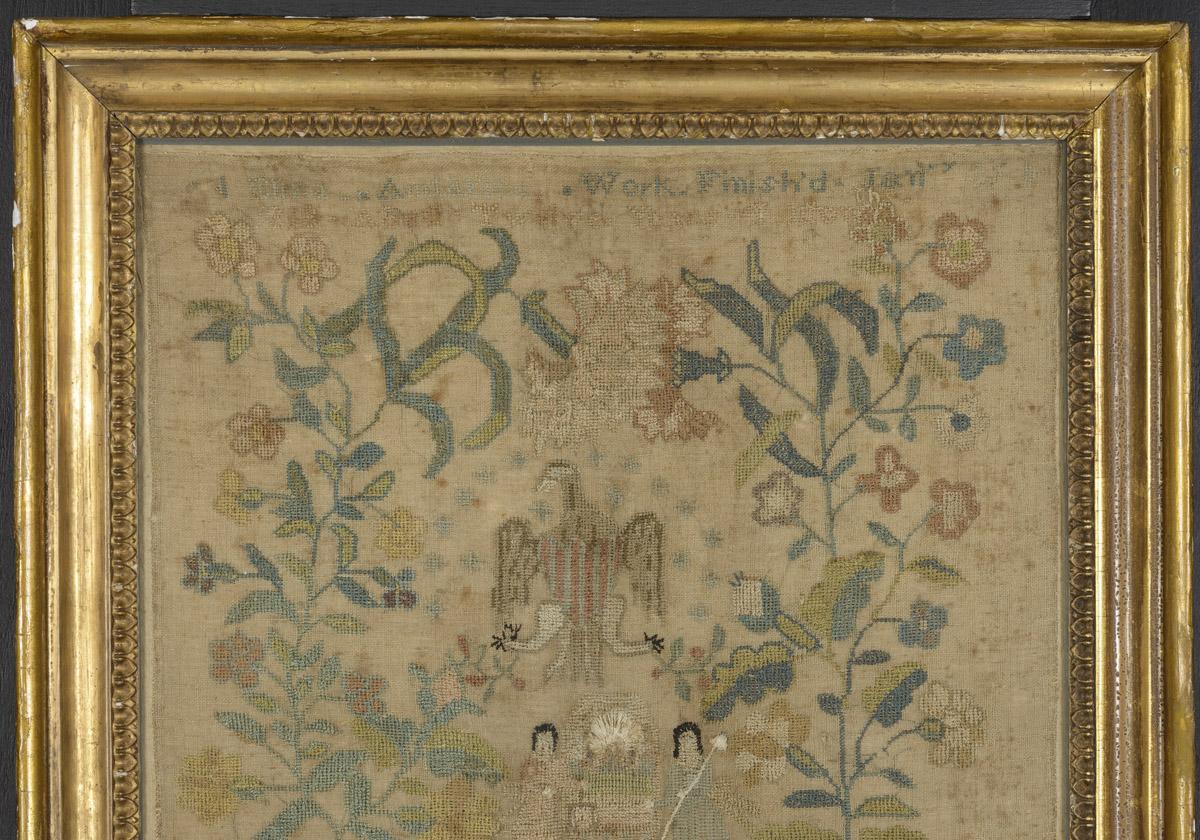 1958.0010.001 Needlework picture, 1956.0077.002 Frame, detail 1
