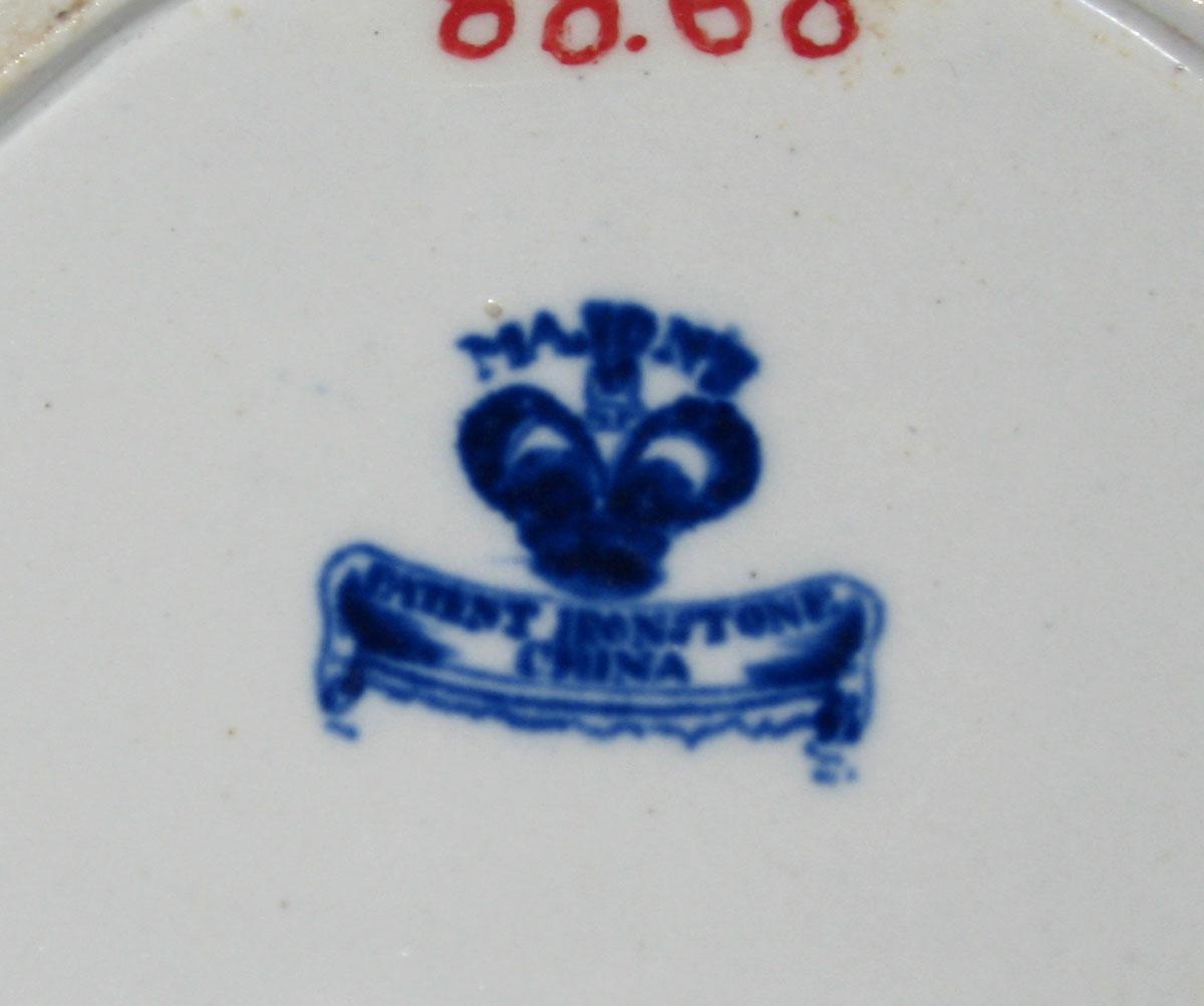 1988.0068 Mason's ironstone Canton-printed "leaf" dish (mark)