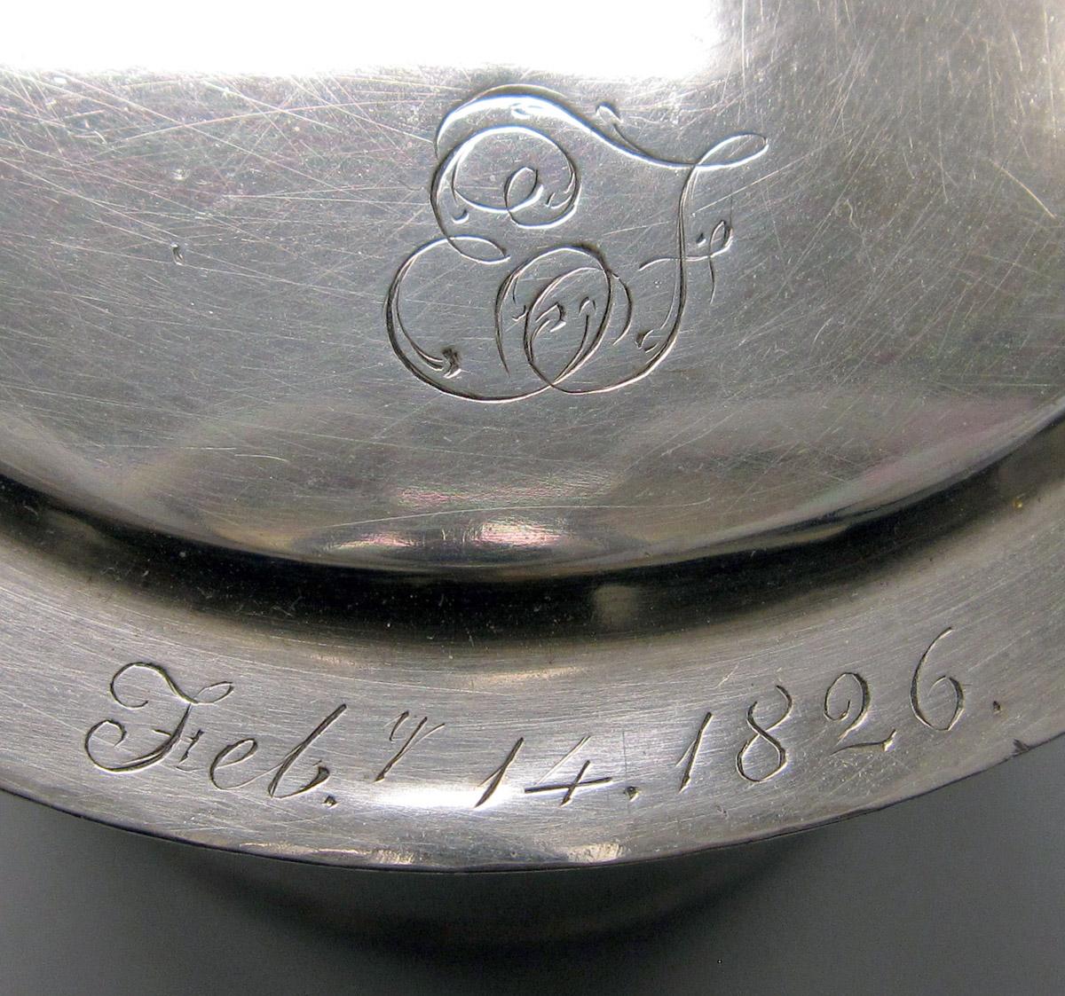 1988.0069 A, B Silver Mustard Pot engraving upper surface