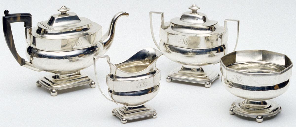 1990.0042.001, 1990.0042.002, 1990.0042.003 A, B, 1990.0042.004 Teapot, Cream Pot, Cream Jug, Sugar Bowl, view 1