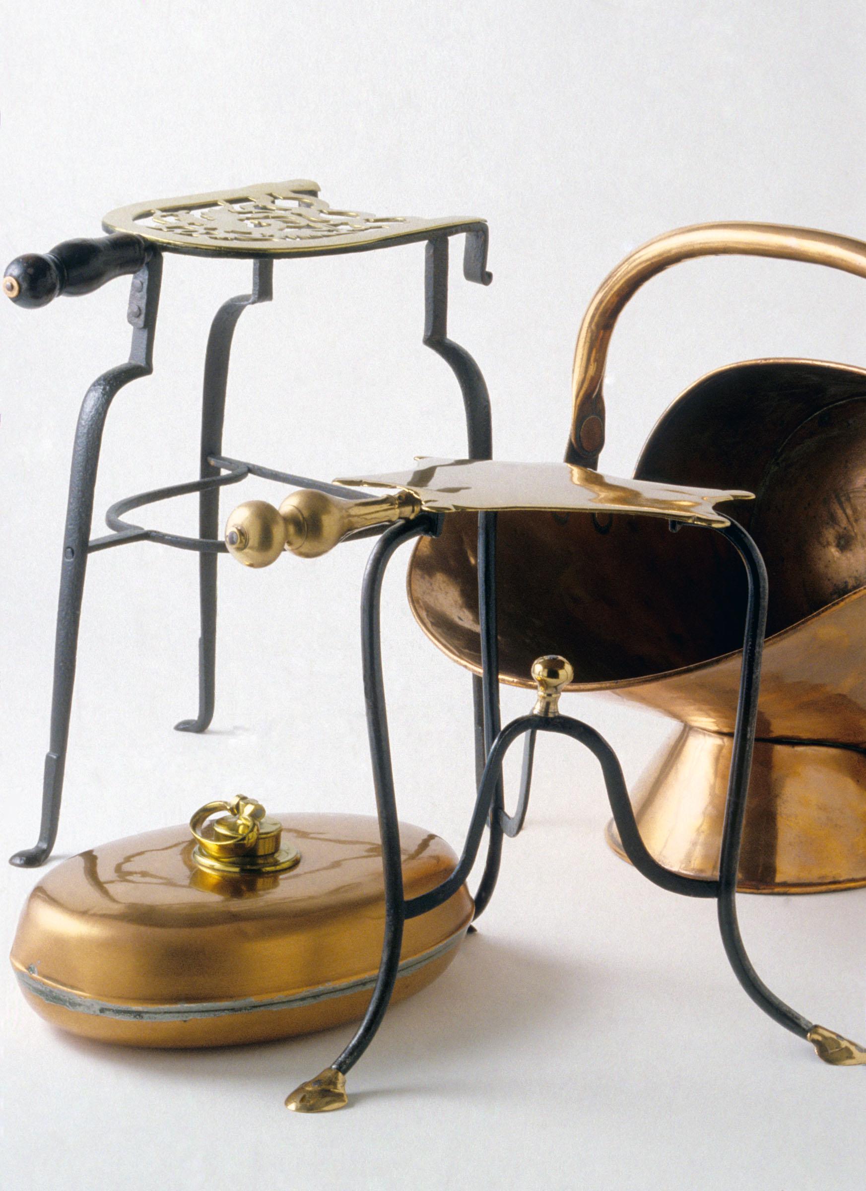 1961.1611, 1952.0109, 1991.0001, 1965.1438 A, B Trivet, Scuttle, Hod, Warming Pan