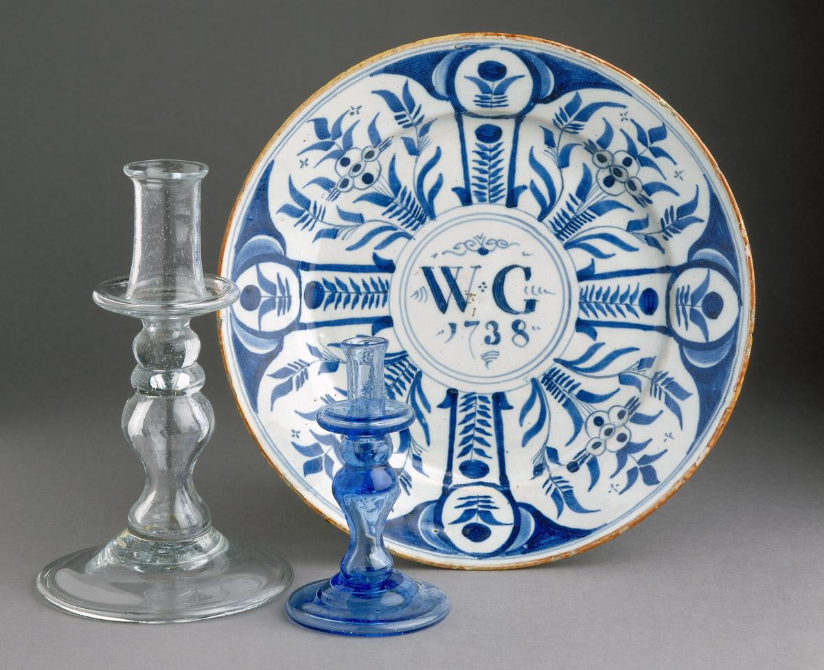1957.0090.003, 1958.0595, 1977.0017 Glass candlesticks and ceramic dish
