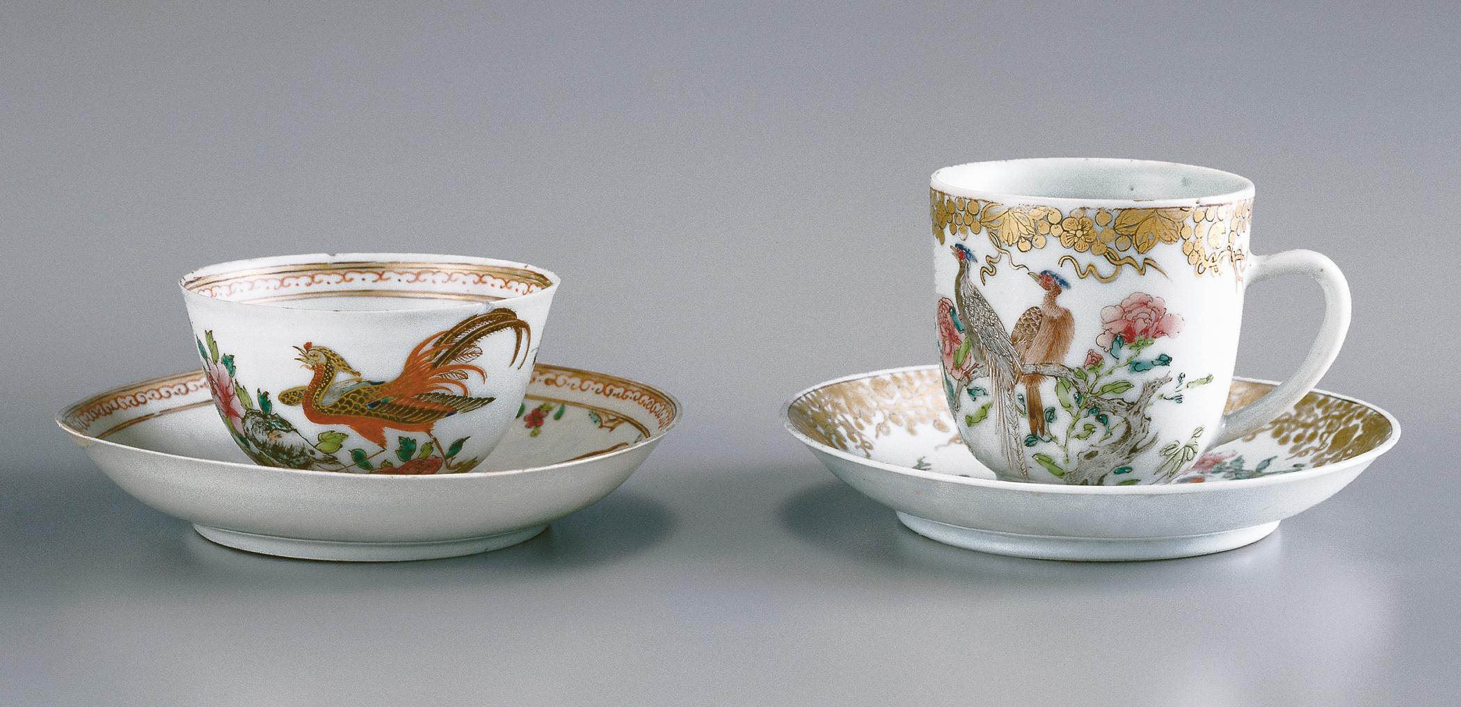 2001.0029.020 A, B, .021 A, B Teabowl and Saucer, Coffee Cup and Saucer
