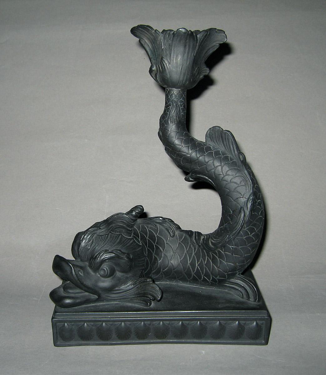 1958.1173 Black basalt dolphin candlestick