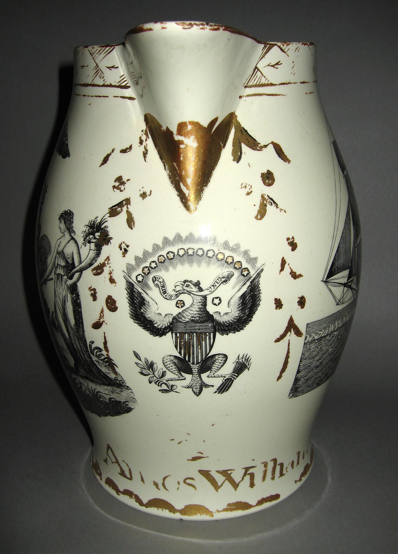 1958.1187 Peace, Plenty and Independence Jug (detail below lip)