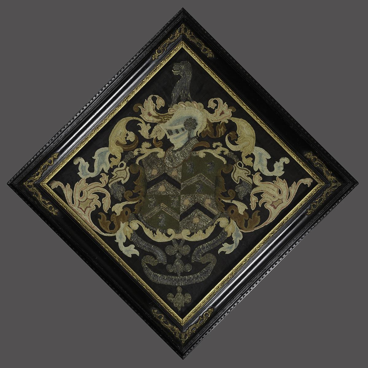 1958.1524 A, B Needlework Coat of Arms and Frame