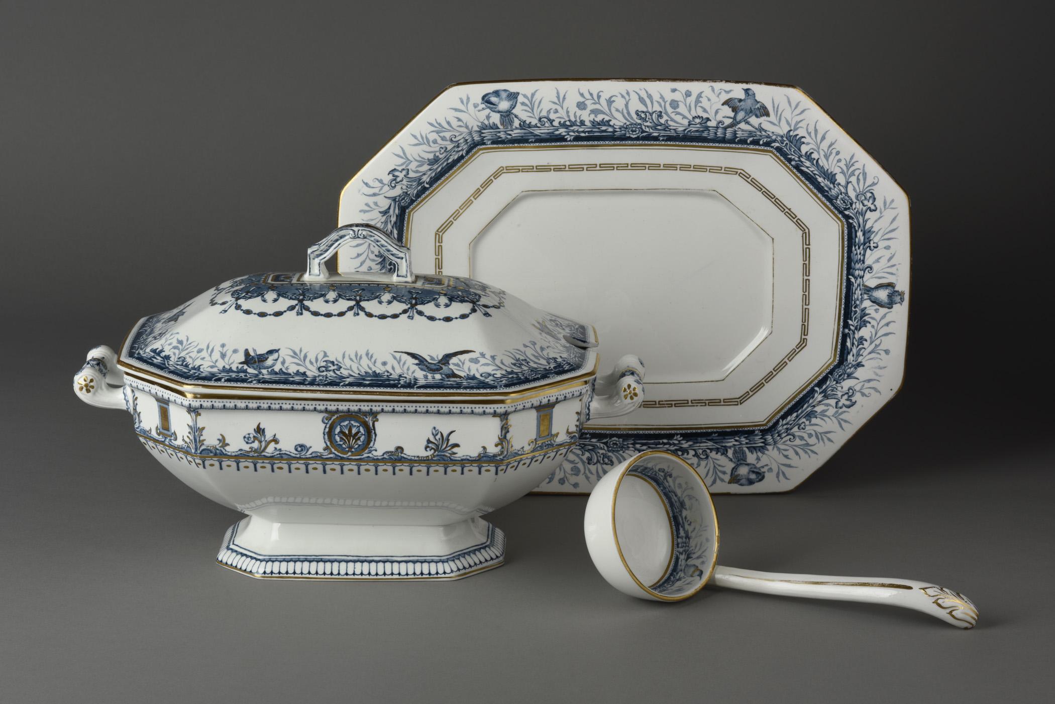 1996.0004.176 A Tureen, B Lid, C Tureen stand, D Ladle, view 2
