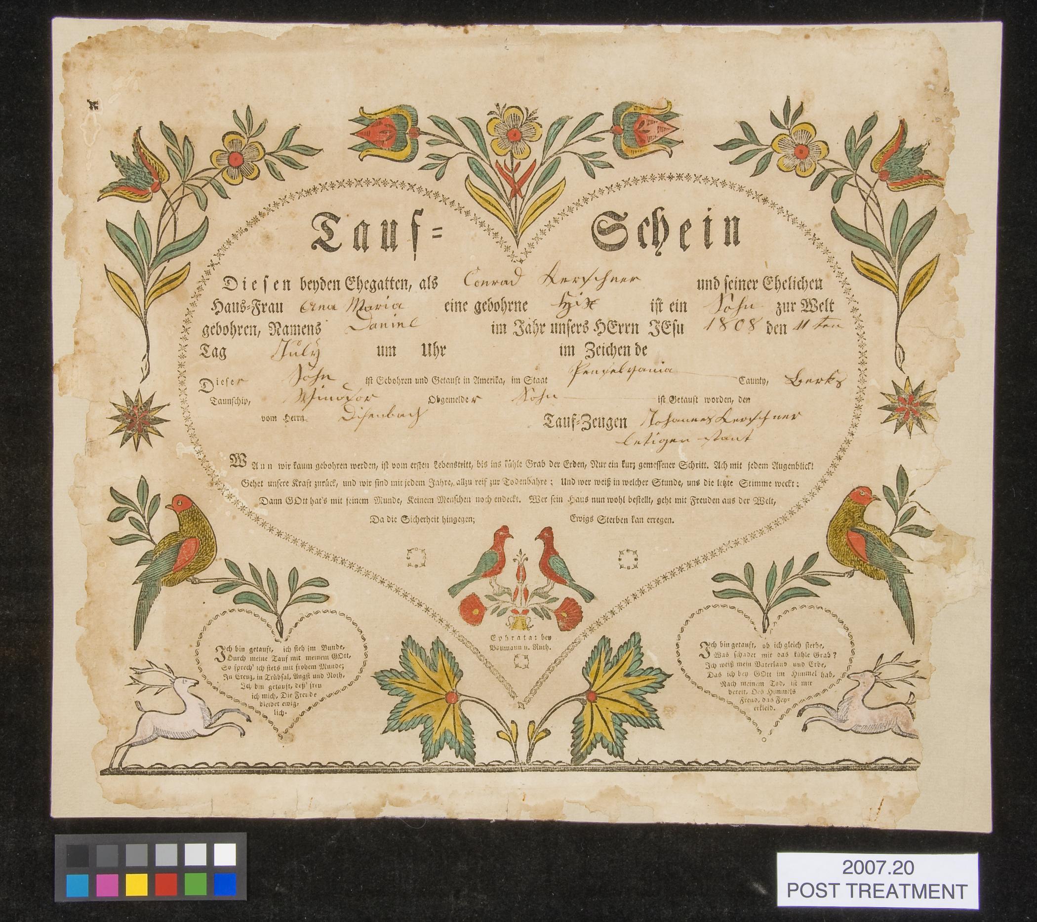 2007.0020 Fraktur, view 2, after conservation treatment