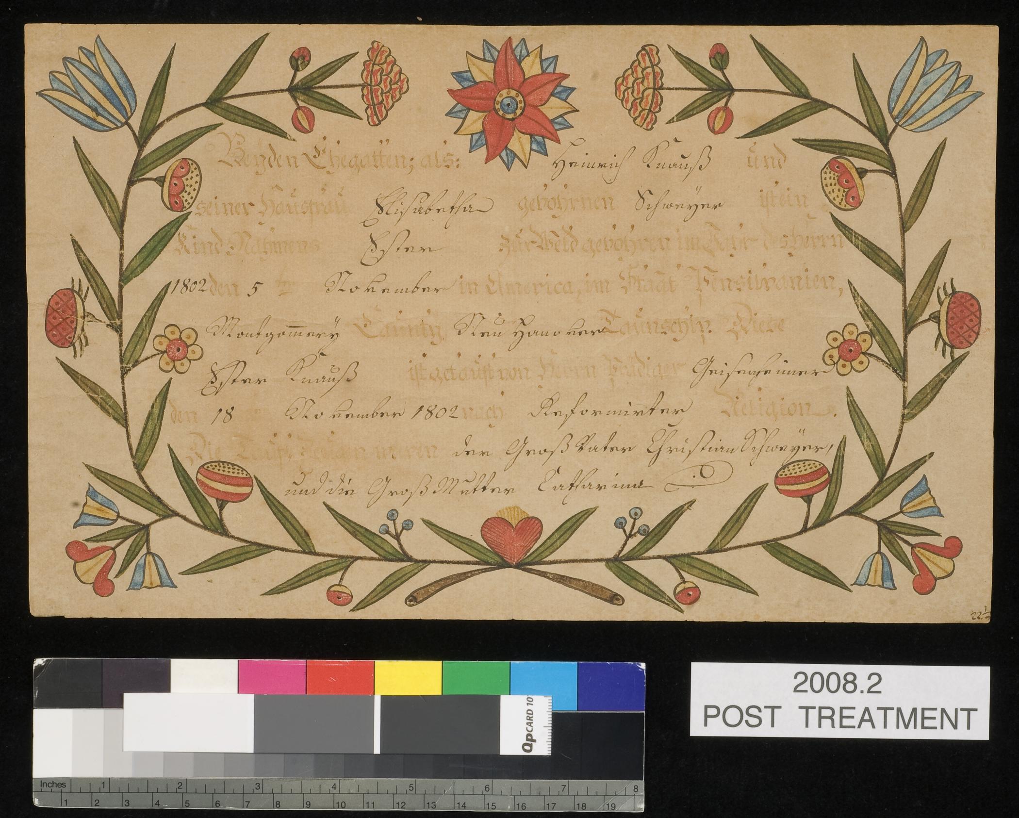 2008.0002 Fraktur, view 3, after conservation treatment