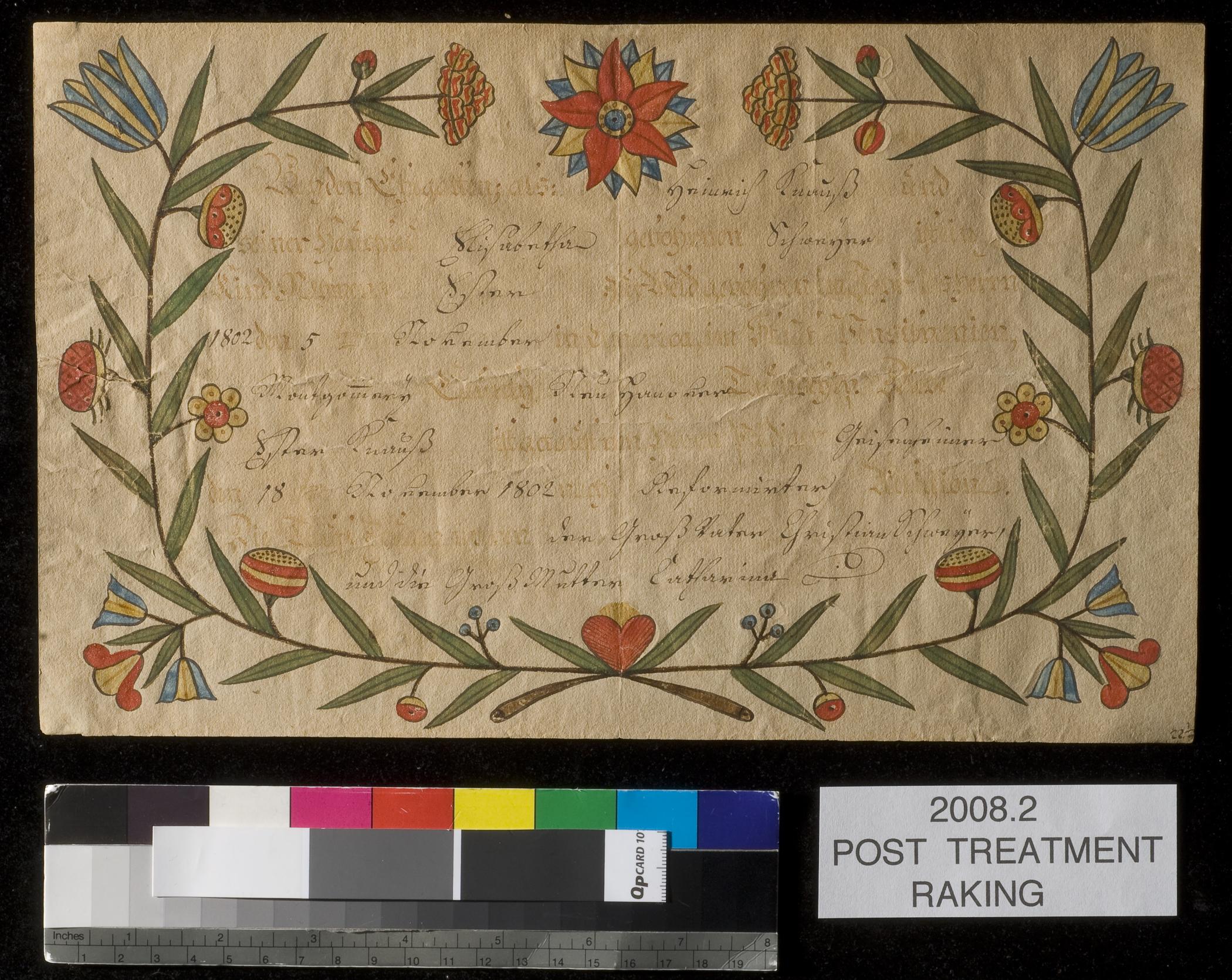 2008.0002 Fraktur, view 4, raking light, after conservation treatment