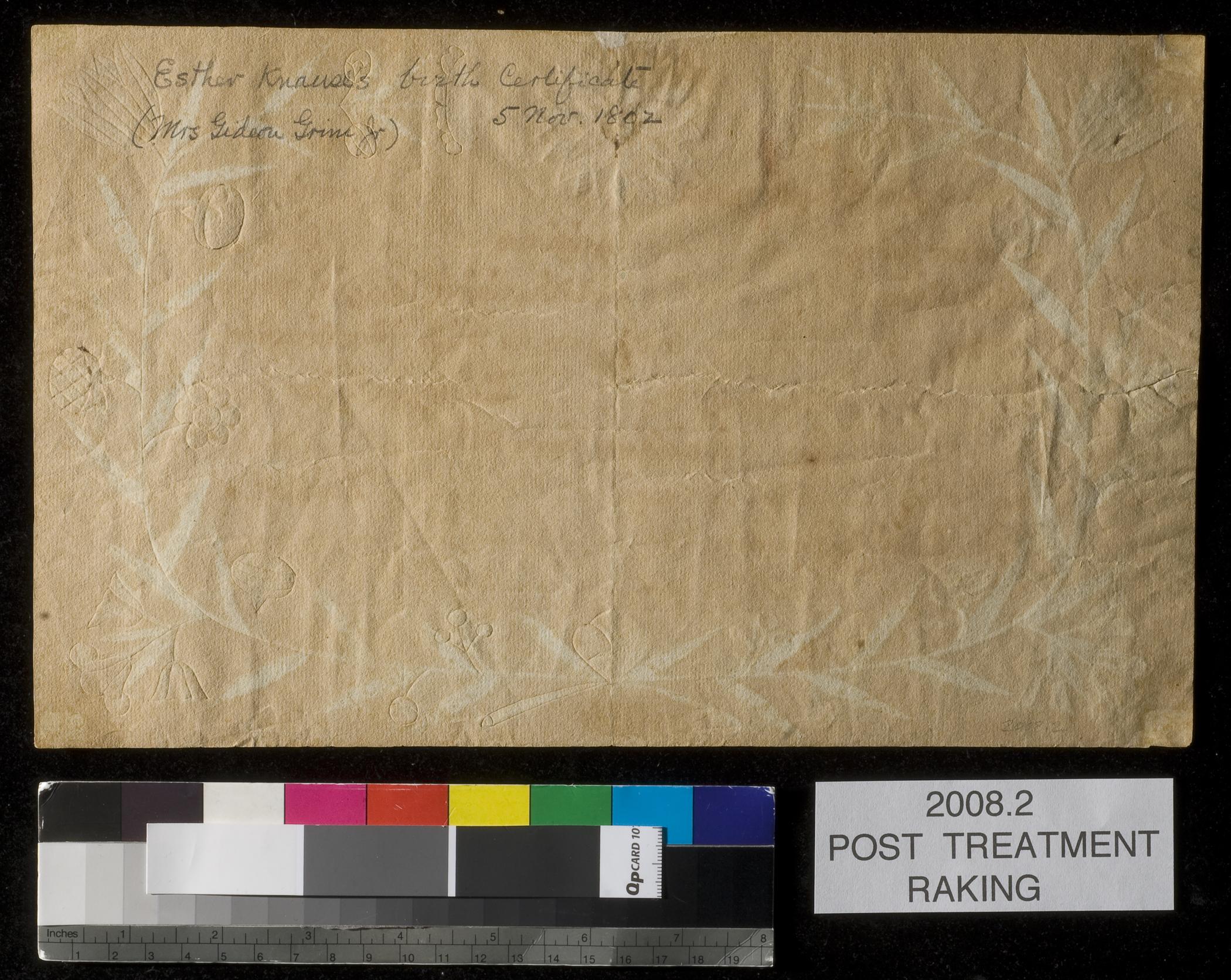 2008.0002 Fraktur, view 4, reverse, raking light, after conservation treatment