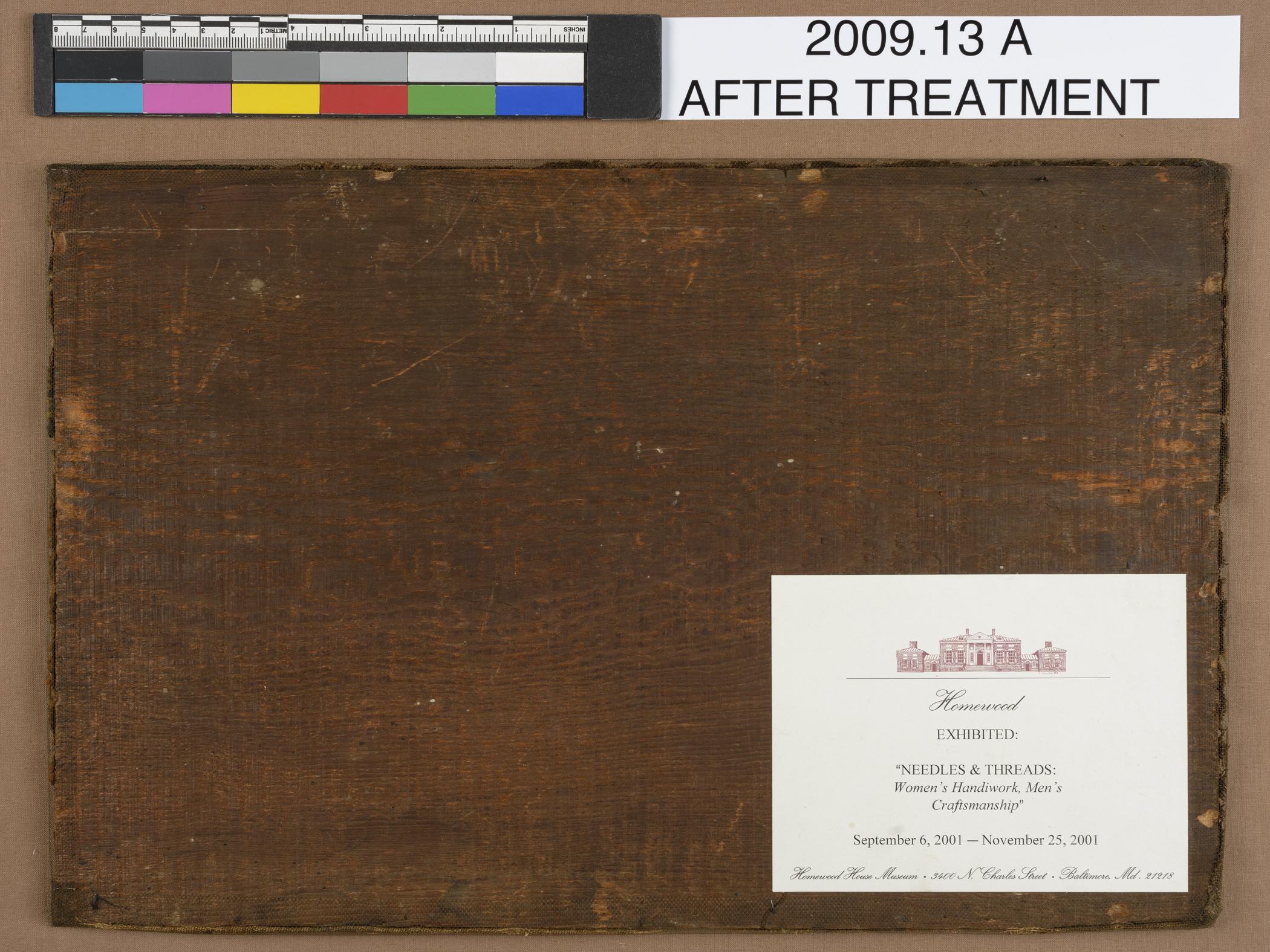 2009.0013 A Needlework picture, view 2, reverse, after conservation treatment