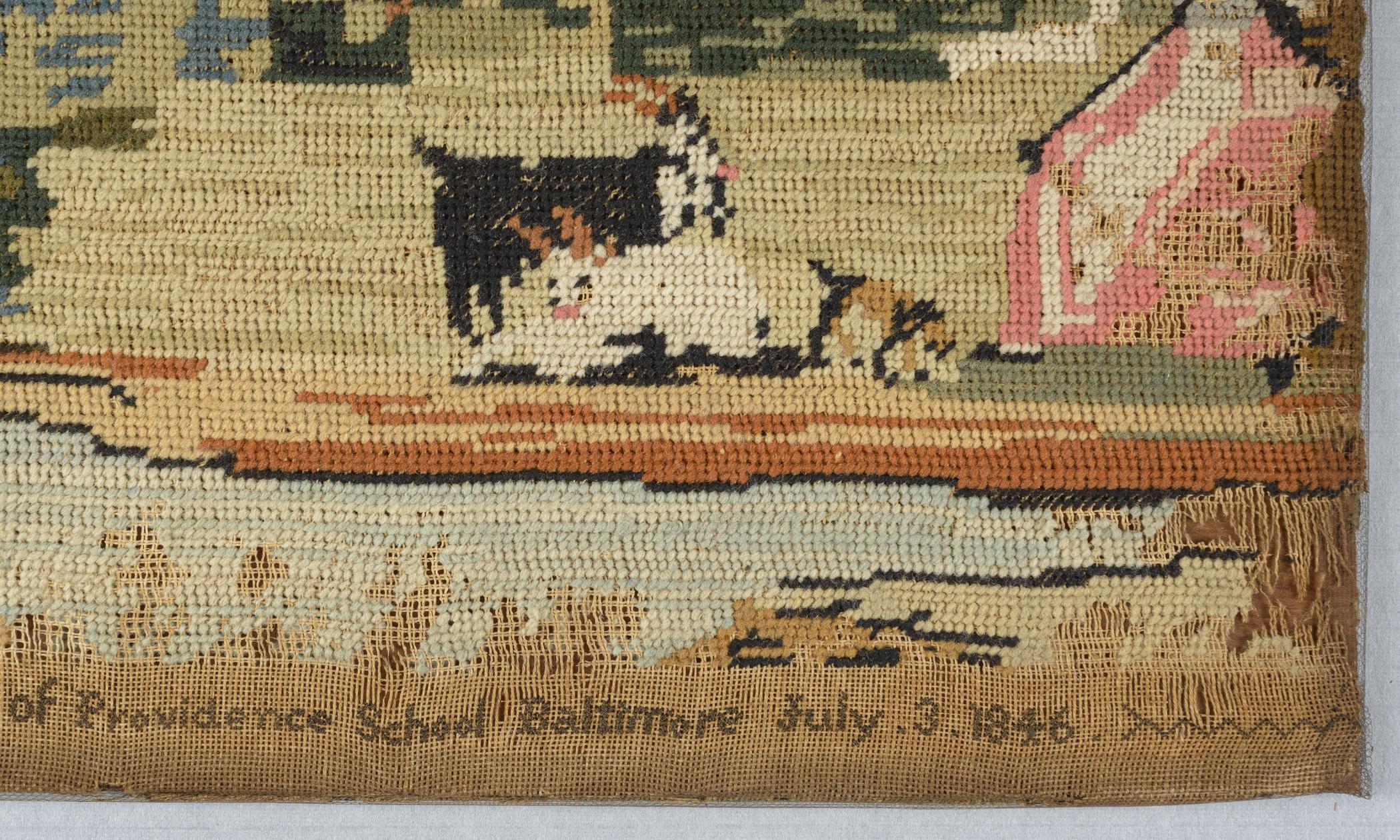 2009.0013 A Needlework picture, detail 2, after conservation treatment