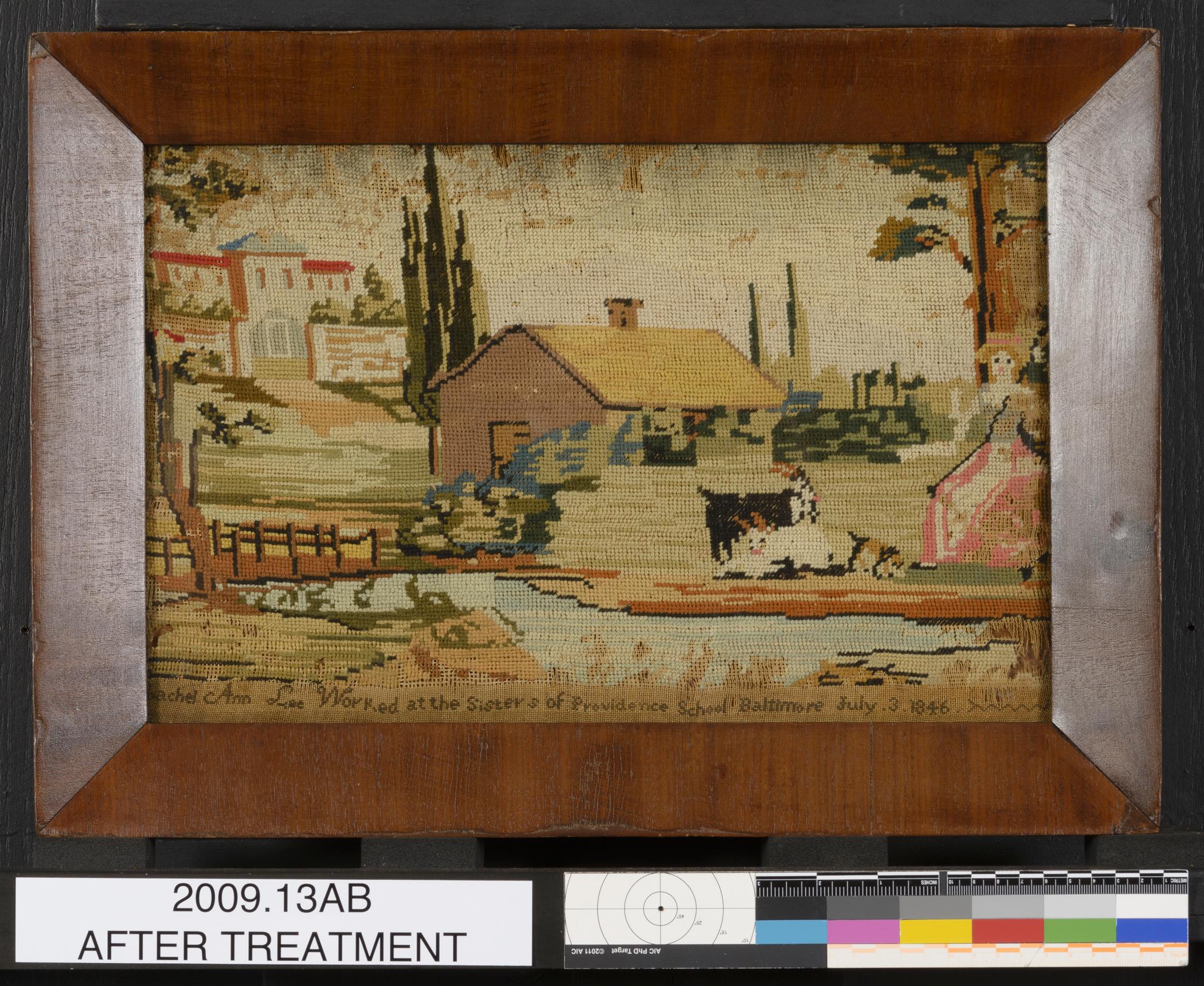 2009.0013 A Needlework picture, B Frame, view 1, after conservation treatment
