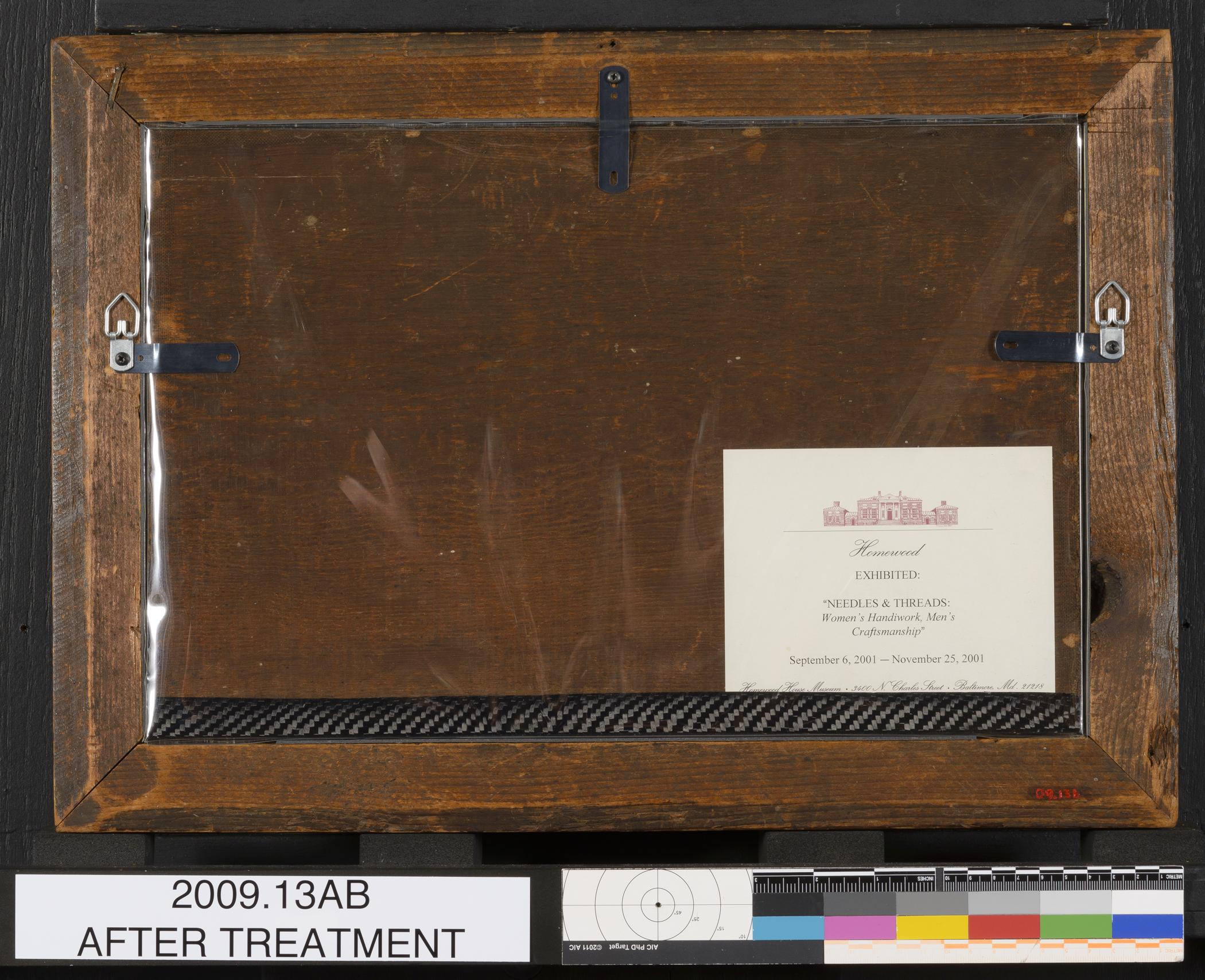 2009.0013 A Needlework picture, B Frame, view 2, reverse, after conservation treatment