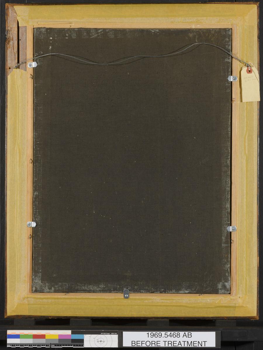 1969.5468 A, B Needlework picture and Frame, reverse, before conservation treatment