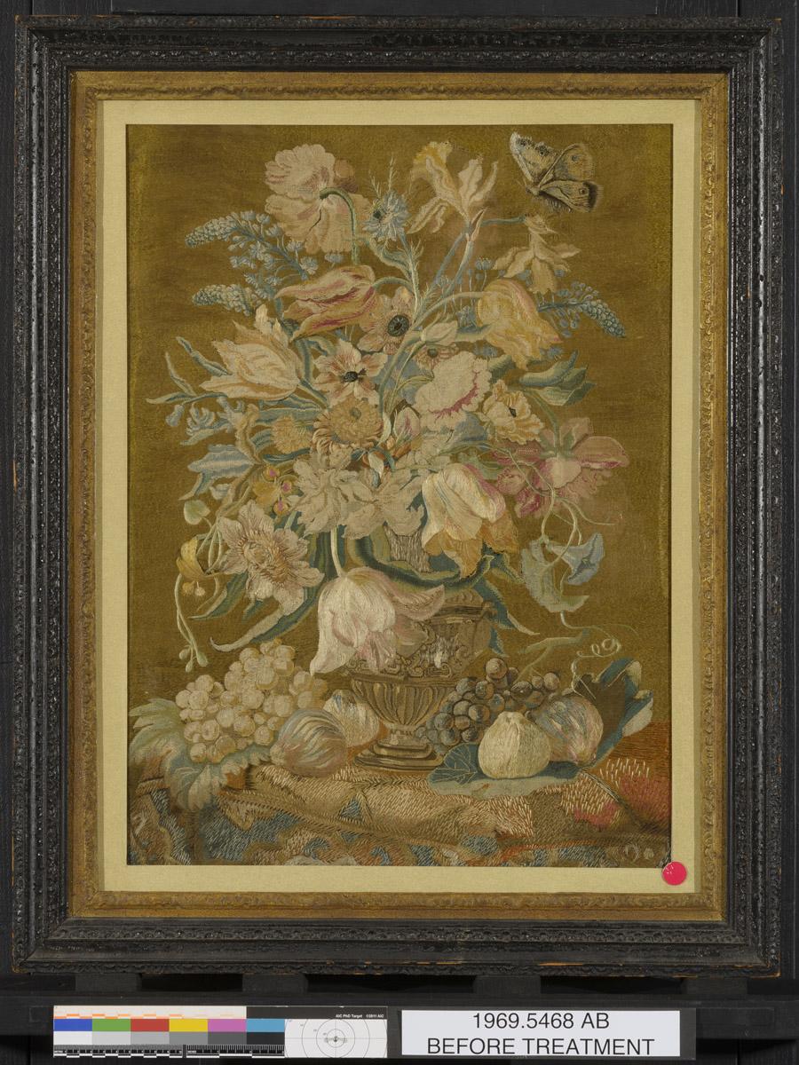 1969.5468 A, B Needlework picture and Frame, view 4, before conservation treatment