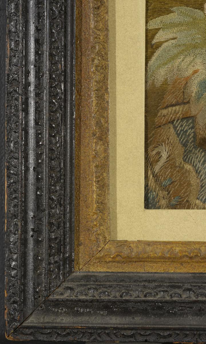 1969.5468 A, B Needlework picture and Frame, detail 1, before conservation treatment