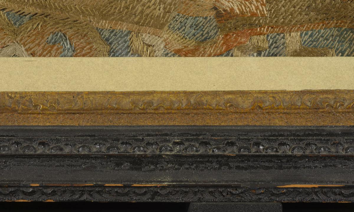 1969.5468 A, B Needlework picture and Frame, detail 2, before conservation treatment
