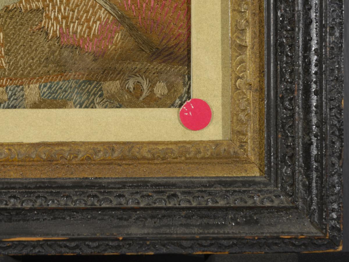 1969.5468 A, B Needlework picture and Frame, detail 3, before conservation treatment