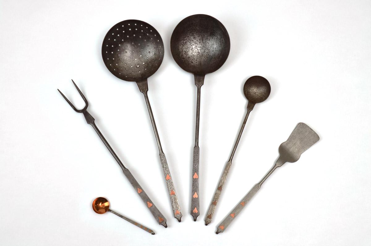 1958.2307 Spoon, 2009.0040.003 Fork, 1965.2481 Skimmer, 2009.0040.002 Ladle, 1965.2477 Ladle, 1965.1617 Spatula, view 2